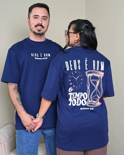 Camiseta Oversized Premium Deus é Bom - Marinho