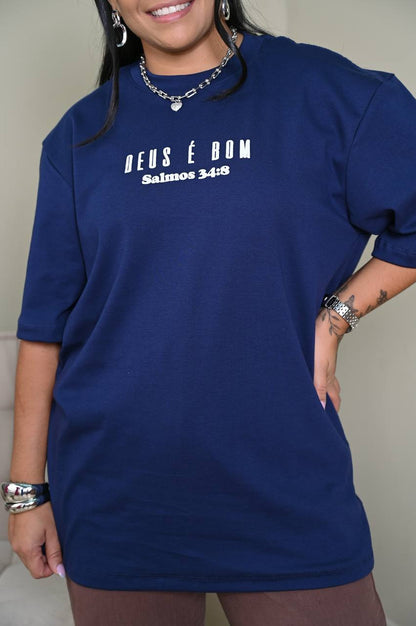 Camiseta Oversized Premium Deus é Bom - Marinho